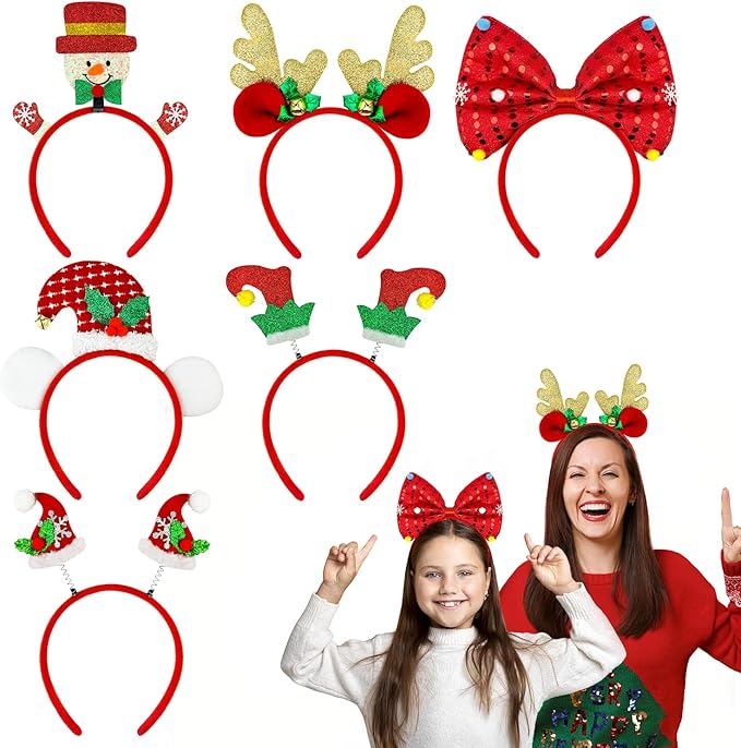 Christmas Hats Headbands Hair Accessories 6 PCS, Fun Holiday Party Favors Supplies Gifts Prizes for Kids, Christmas Headwear for Costume, Xmas Wearable Decorations Photo Booth Props Items Prizes