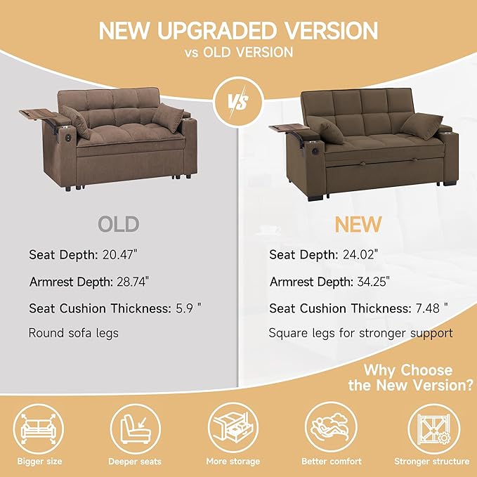 65'' 3-in-1 Folding Convertible Sofa Bed, Pullout Sofa, Modern Chenille Fabric, 360° Swivel Side Table, Easy Assembly, Perfect for Living Room(ZY-1107A-Brown)
