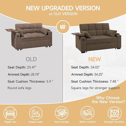 65'' 3-in-1 Folding Convertible Sofa Bed, Pullout Sofa, Modern Chenille Fabric, 360° Swivel Side Table, Easy Assembly, Perfect for Living Room(ZY-1107A-Brown)