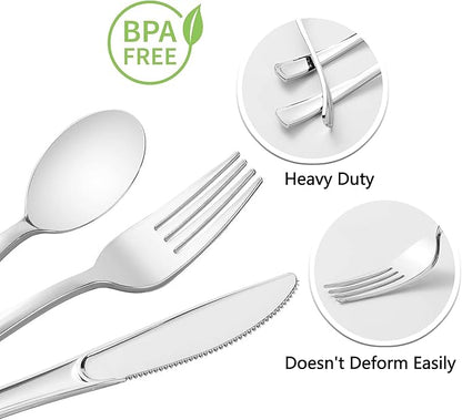50 Pack Pre Rolled Silver Plastic Silverware Set,Wrapped Plastic Cutlery Set with Napkin Include 50 Forks,50 Spoons,50 Knives and 50 White Napkins for Party,Wedding,Christmas