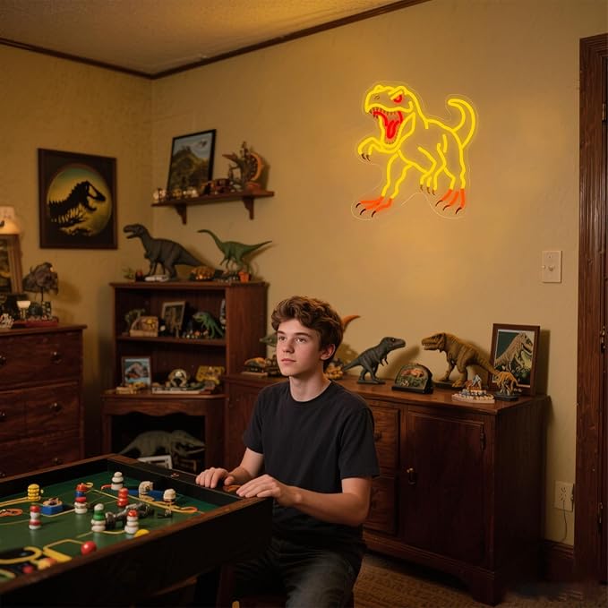 Dinosaur Neon Wall Light - Gold T-Rex LED Decor for Man Cave, Game Room, Dinosaur Party, Gifts for Men/Teens, 14.5x13.6" USB Powered