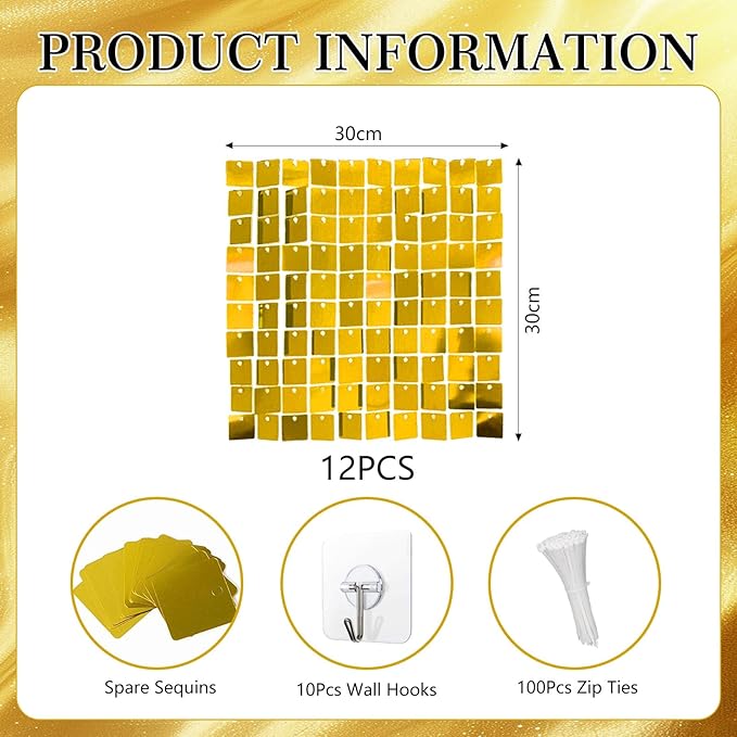 12PCS Gold Shimmer Wall Backdrop, Square Sequin Photo Backdrops Panel, Glitter Wall Background for Birthdays, Weddings, Graduation, Engagements, Disco Bachelorette Party Decoration (3FTx4FT)