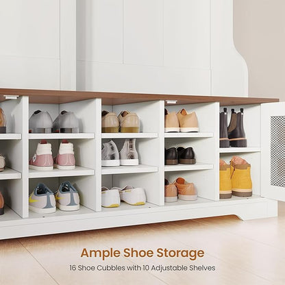 Itaar Hall Tree with Bench and Shoe Storage, 5-in-1 Entryway Bench with Coat Rack, 16 Shoe Cubbies & 12 Coat Hooks, Barn Door & Adjustable Shelf (White)