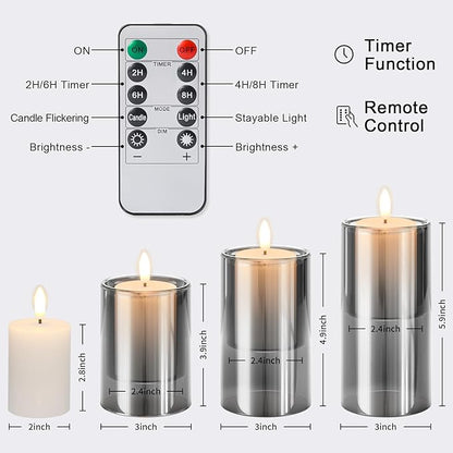 NURADA Flameless Candles with Remote Timer - Glass Real Wax 3D Wick LED Pillar Votive Candle Set Battery Operated Flickering Light for Home Christmas Decoration -Grey 3 Pack