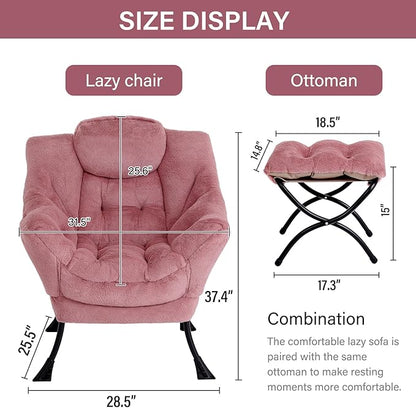 LITA Lazy Chair with Ottoman, Modern Accent Leisure Upholstered Sofa Chair, Lounge Reading Chairs with Armrests and a Side Pocket for Living Room, Bedroom & Small Space, Plush Dark Pink