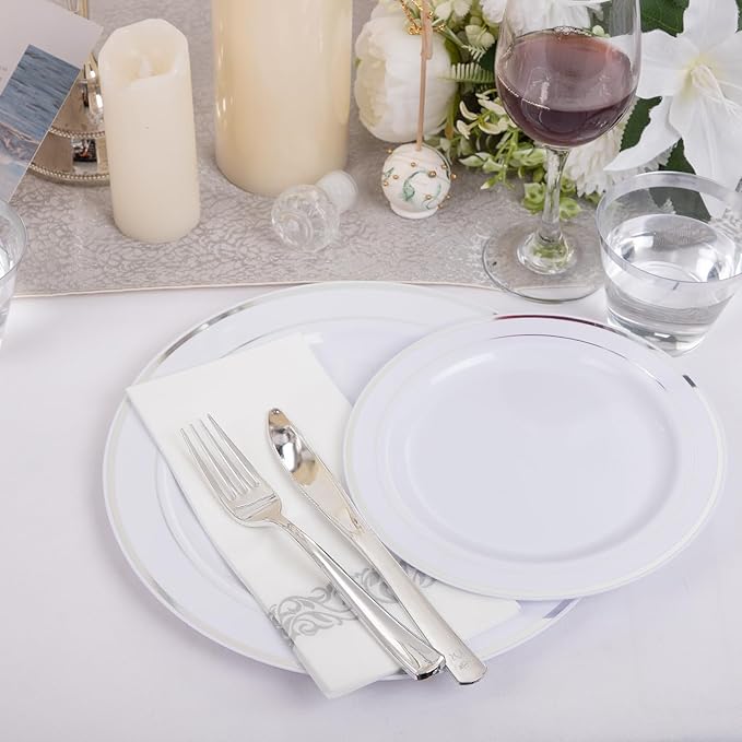 I00000 350Pcs Silver Plastic Dinnerware Set, Plastic Plates Disposable for 50 Guests Include: 100 Silver Rim Plates, 50 Paper Napkins, 50 Cups, 50 Plastic Silverware Set Perfect for Party & Wedding