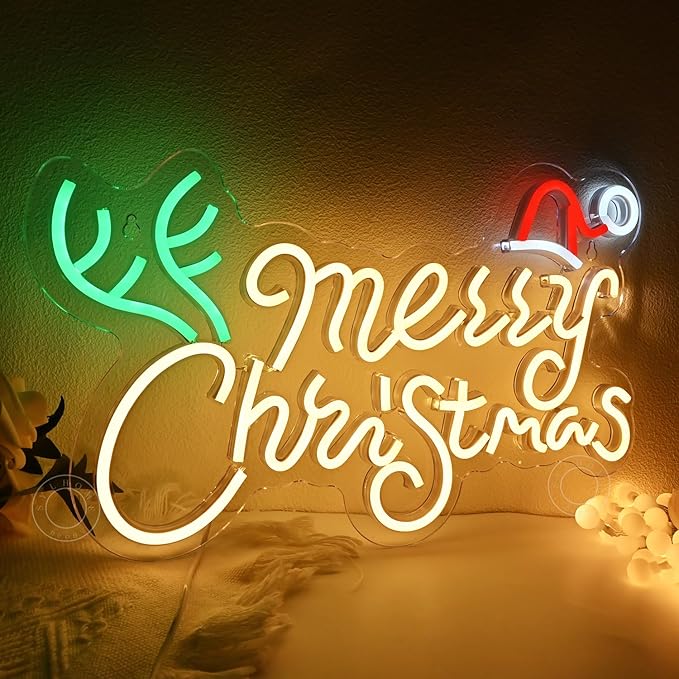 SYLHOME Merry Christmas Led Neon Light Sign Santa Hat Christmas Tree Party Home Bedroom Wall Sign Decor Backdrop Xmas Decor 15.75" X 9.8" USB Warm White