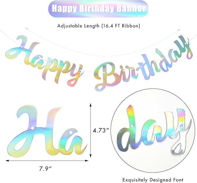 CANREVEL 3 PCS Iridescent Happy Birthday Banners, Hanging Star Garland and Pennant Banner Flags, Sparkling Iridescent Party Decorations, Iridescent Party Supplies for Women Men Girls Boys Adults