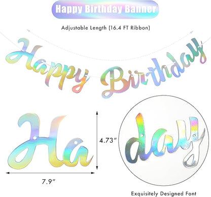CANREVEL 3 PCS Iridescent Happy Birthday Banners, Hanging Star Garland and Pennant Banner Flags, Sparkling Iridescent Party Decorations, Iridescent Party Supplies for Women Men Girls Boys Adults