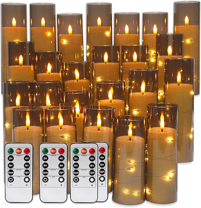 24 Pack Flameless LED Pillar Candles with Remote & Timer, Flickering Battery Operated Candles with Embedded Starry Lights, 3-Sizes Gray Acrylic Decorative Candles for Wedding, Home, Party Decor