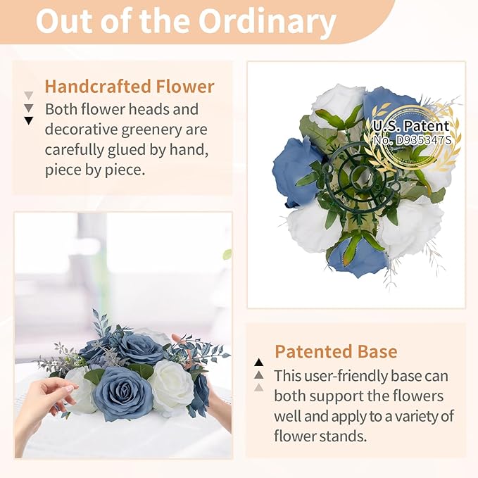 NUPTIO Flower Ball Centerpieces for Tables: Dusty Blue & White Artificial Rose Fake Floral Arrangement for Wedding Party Centerpiece Decorations 9.4 Inch Diameter 2 Pcs