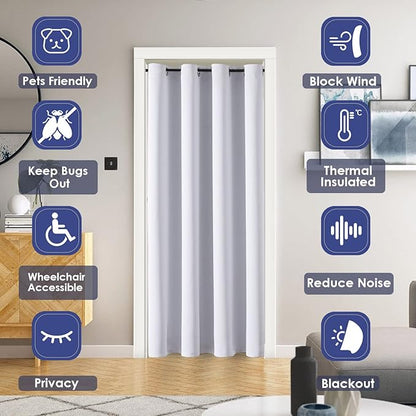 ChrisDowa Blackout Door Curtains for Doorway Privacy, Grommet Closet Curtain for bedroom closet door, Thermal Insulated Temporary Door Cover Room Divider Curtain (1 Panel, Greyish White, 34 x 80 Inch)