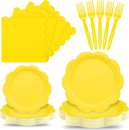 96 Pcs Yellow Paper Plates and Napkins Set Party Supplies, Tableware set for 24 Guest include Disposable Yellow Scalloped Plates, Napkins and Forks for Baby Shower Bridal Shower Wedding Fall Party