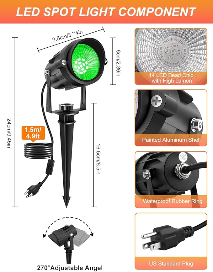 Christmas Green Spotlight Outdoor, 14 LED Landscape Lighting with US Plug, IP65 Waterproof Spotlights for Tree Yard Garden Pathway Halloween St. Patrick's Day Decor 4 Pack