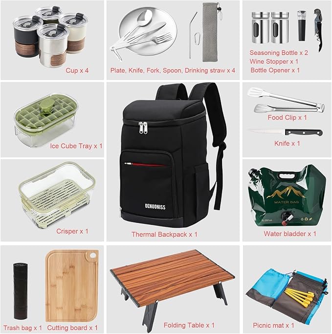 Picnic Backpack Set with Fold Table, Water Bag, Cooler Ice Box & Stainless Steel Utensils - Portable Outdoor Camping Gear for Family Picnics & Hiking (Black, A-4 Person)