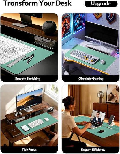 YSAGi Leather Desk Protector, Office Mat, Large Mouse Mat, Non-Slip PU Leather Blotter, Laptop Desk Pad, Waterproof Writing Pad for Office and Home (Green-Blue, 23.6" x 13.8")