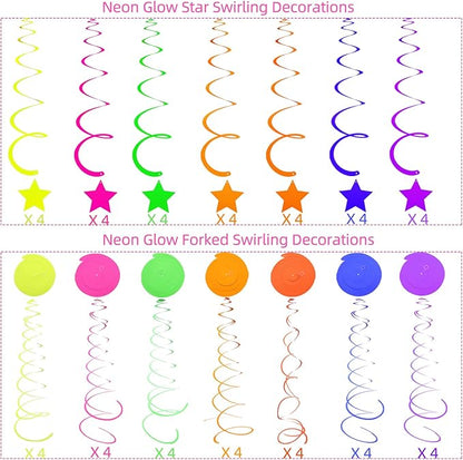 56 Pieces UV Hanging Swirls Decorations Paper Neon Streamer for Ceiling Star Neon Garlands Black Light Neon Decorations for Dark Glow Party Supplies and Decorations Birthday Neon Party Favors