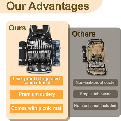 Picnic Backpack for 4 Persons with Insulated Leakproof Cooler Compartment, Cutlery Sets, Wine Holder, Fleece Blanket, Wedding Gifts for Couples, Perfect for Beach, Camping, Hiking, Black