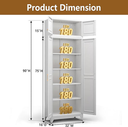 Kitchen Pantry Cabinet, 90" Tall Metal Storage Cabinet, Food Pantry cabinets with Doors and Shelves, Storage Cabinets for Living Room, Dining, White,16" D x 32" W x 90" H, Assembly Required