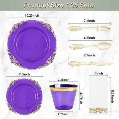 175PCS Clear Purple Plastic Plates for 25 Guests, Disposable Plates with Gold Trim include 25 Dinner Plates, 25 Dessert Plates, 75 Gold Silverware, 25 Cups, 25 Napkins for Party, Wedding