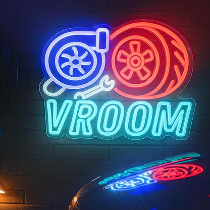 VROOM Neon Sign for Car Lovers - 15.7’’ × 12.6’’ LED Wall Light with Turbo & Tire Design, USB Powered, Dimmable Garage Decor for Man Cave, Racing Room, Gamer Setup, Auto Enthusiast Gift