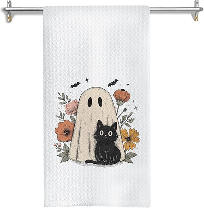 Floral Halloween Black Cat Kitchen Towels, for Women Dish Tea Towels for Kitchen Decor, Cute Ghost Black Cat Wildflower Decorative Hand Towel for Bathroom, 16x24 Inches