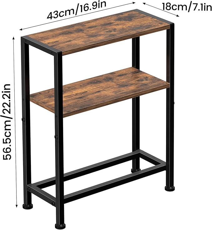 Narrow Side Table Set of 2 for Small Space, 2-Tier Small End Table with Shelf Holder, Slim Nightstand, Skinny Snack Couch Table in Living Room, Bedroom, Study, Kitchen and Balcony (Rustic Brown)