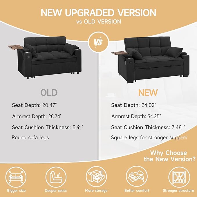 66" Multi-Functional Pull-Out Sofa Bed with Hidden Side Table, Storage Armrests, Built-in Charging Port, Spring Mattress, Solid Wood Frame – Ideal for Small Spaces, Easy Assembly