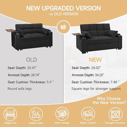 66" Multi-Functional Pull-Out Sofa Bed with Hidden Side Table, Storage Armrests, Built-in Charging Port, Spring Mattress, Solid Wood Frame – Ideal for Small Spaces, Easy Assembly