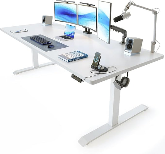 FEZIBO 71 x 37 Inch Standing Desk with Integrated Dual-Beam, Height Adjustable Computer Desk, Sit Stand Desk for Home Office Workstation, 1" Thick Large 3-Piece Desktop White