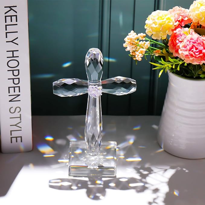 YWHL Crystal Standing Cross Decor, Religious Gifts for Women Men, Handmade Glass Holy Cross Collectible Figurines for Home Decoration, Easter Christmas Decoration for Pary