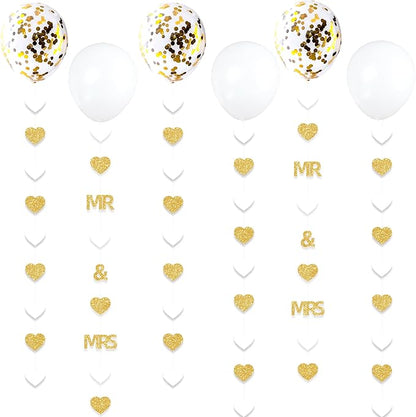 Gold Wedding Party Decorations Gold/White Heart Mr and Mrs Garland with Balloons for Bridal Shower Engagement Bachelorette Party