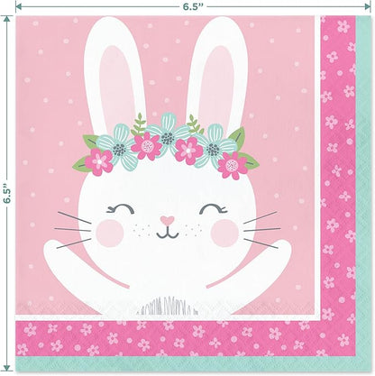 Birthday Bunny Pink Floral Boho Paper Dinner Plates and Luncheon Napkins (Serves 16) - Pink Bunny Boho Party and Baby Shower Tableware