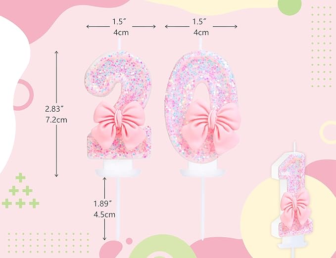 Number 20 Candle Pink Sequins and Bowtie 20th Cake Topper, 20 Birthday Candle for Girls Pastel Sweet Theme Birthday Party or Adults Milestone Age Decoration