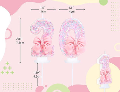 Number 20 Candle Pink Sequins and Bowtie 20th Cake Topper, 20 Birthday Candle for Girls Pastel Sweet Theme Birthday Party or Adults Milestone Age Decoration