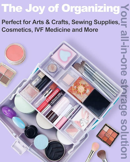 12in 3-Layer Plastic Craft Organizers and Storage, Portable Folding Tackle Box with Handle & Adjustable Dividers, Multipurpose Case for Sewing, Art Supplies, Medicine, Tools (Purple Blue)