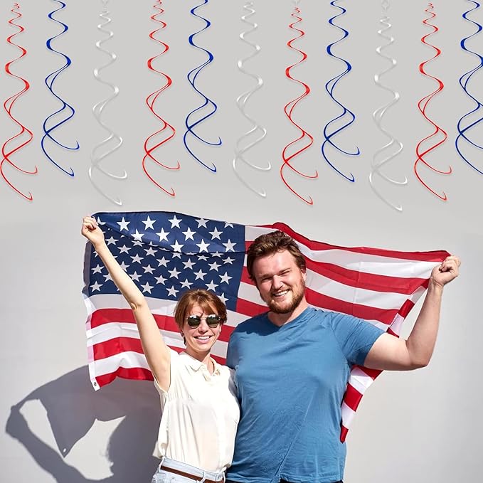 30 pcs Hanging Swirl Decorations Plastic Streamer Ceiling Swirls Party Decorations for 4th of July, Patriot Day, Veterans Day (Blue Red Sliver)