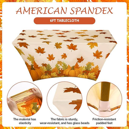 Oudain 2 Pcs Thanksgiving Stretch Table Cover 6 Feet Fall Orange Pumpkin Spandex Table Clothes Autumn Maple Leaf Acorn Party Decorations for Holiday Party Celebration Picnic Dinner Decor