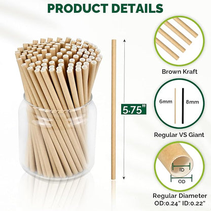 [500 Counts] Chunspak 5.75 inch Disposable Brown Kraft Short Paper Cocktail Straws & Stirring Straws - for Home, Bars and Restaurants