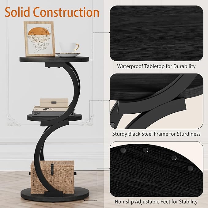 JUSTOGO Small Round Side Table, 3-Tier End Table for Living Room, Vintage Nightstand for Small Spaces Sofa Couch Corner Bedside Bedroom, S-Shaped Wood Accent Table Metal Coffee Table, Black