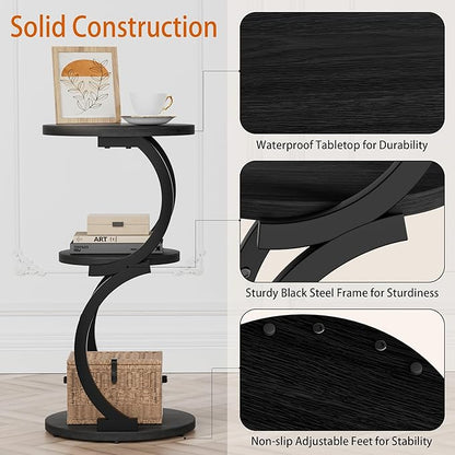 JUSTOGO Small Round Side Table, 3-Tier End Table for Living Room, Vintage Nightstand for Small Spaces Sofa Couch Corner Bedside Bedroom, S-Shaped Wood Accent Table Metal Coffee Table, Black