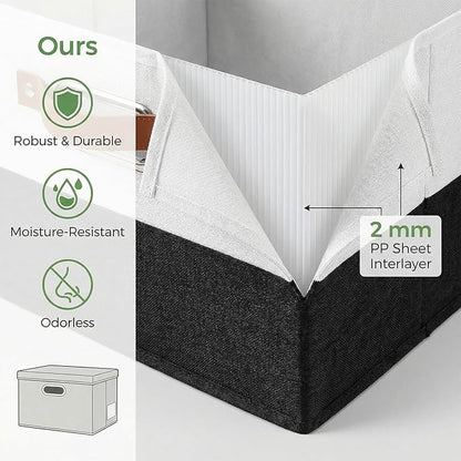 PRANDOM Storage Bins with Lids [3-Pack] Linen Fabric Foldable Storage Boxes Organizer Containers Baskets Cube with Cover for Bedroom Closet Office Black & White（11.4X8.6X6.7