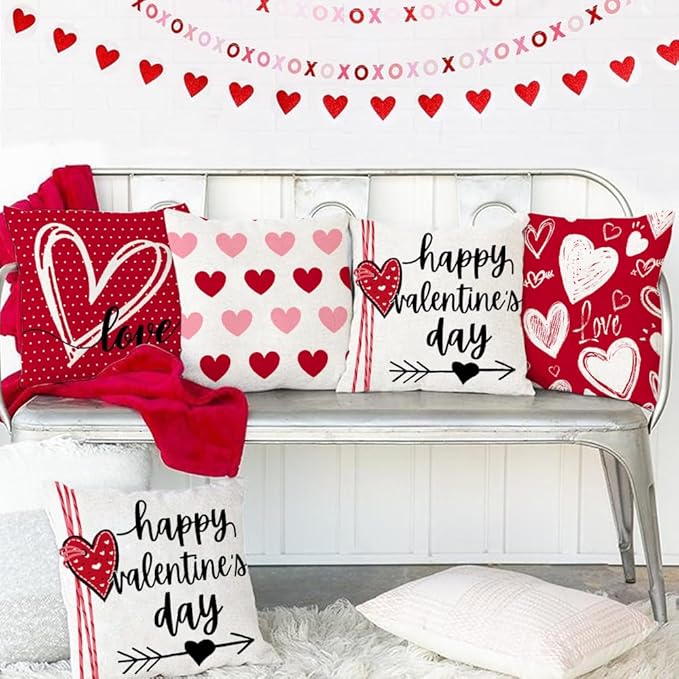 GEEORY Happy Valentine's Day Love Throw Pillow Covers 18x18 Inch Set of 4, Hearts Polka Dots Decorative Farmhouse Wedding Cushion Case for Home Decoration (Red) G662-18