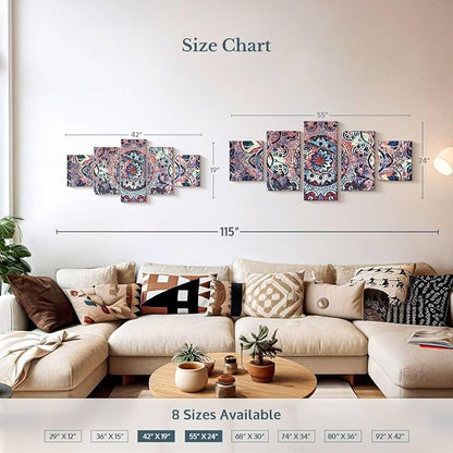 ElephantStock - Mandala Enchantment Wall Art - Horizontal Multi Panel Canvas - 5 Piece Living Room Wall Decor - Digital Art Elements Multi Piece Wall Art - Blue And Beige Decor - 42" x 19"