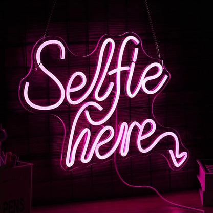 Selfie Here Neon Sign Dimmable Pink Words Light Up Sign for Wall Decor Selfie Led Neon Light for Selfie Station Photo Studio Bedroom