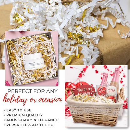 MagicWater Crinkle Cut Paper for Gift Baskets - 2LB - White & Gold - Perfect for Shredded Paper Filler, Basket Filler, Gift Boxes, Bridesmaid Gifts, Christmas Stuffers & More – Ideal for All Occasions