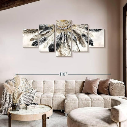 ElephantStock - Necklace Of Feathers Iii Wall Art - Horizontal Multi Panel Canvas - 5 Piece Living Room Wall Decor - Painting Multi Piece Wall Art - Brown And Gray Decor by Eva Watts - 92" x 42"