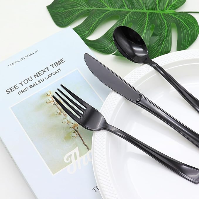 150 Pack Black Plastic Silverware Includes 50 Black Plastic Forks, 50 Knives, 50 Spoons for 2025 Graduation Party, Birthday, Barbecue, Picnic