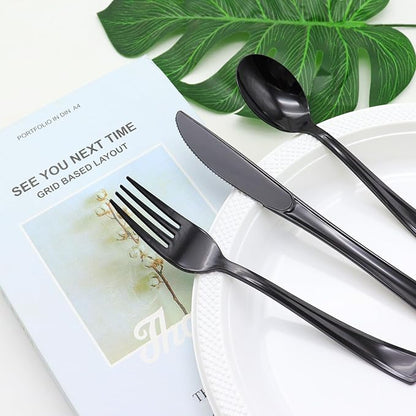 150 Pack Black Plastic Silverware Includes 50 Black Plastic Forks, 50 Knives, 50 Spoons for 2025 Graduation Party, Birthday, Barbecue, Picnic