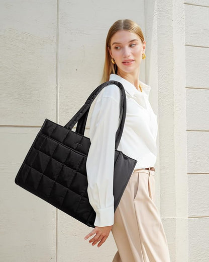 LOVEVOOK Tote Bag for Women, Puffer Work Handbag 17 Inch Laptop Purse for Nurse Teacher, Large Quilted Travel Tote Shoulder Bag with Zipper for College Office Clinical Gym, Black